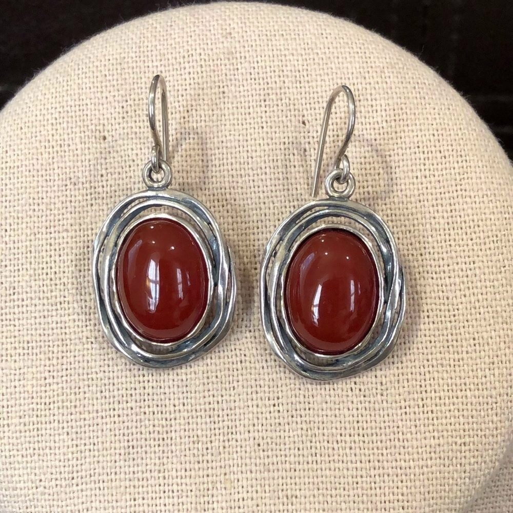SHABLOOL DIDAE Carnelian Cabochon Nested In Sterling Silver Drop Earrings